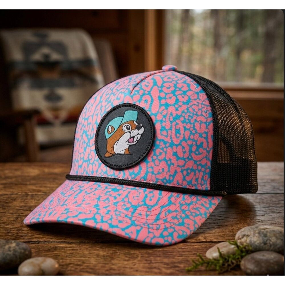 Buc-ees Leopard Print Trucker Hat With Beaver Logo Snapback Pink & Blue
